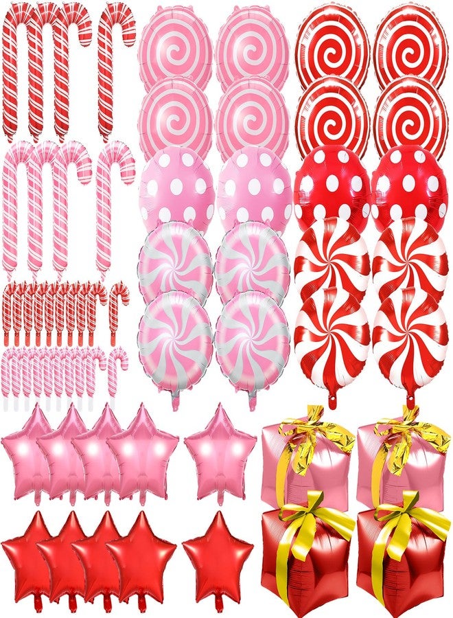 Realspring 62 Pcs Large Christmas Foil Balloons Set Red and Pink Candy Cane Windmill Lollipop Swirl Balloons for Candies Birthday Party Decoration - Image 1